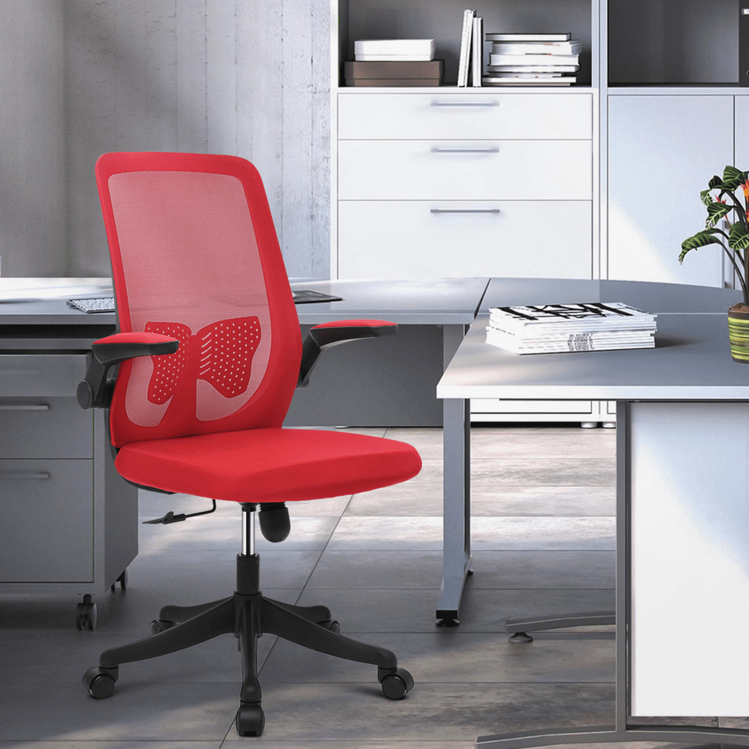Magshion Set of 2 Office Task Chair, Ergonomic Adjustable Reception Seat with Backrest Flip-Up Arms Lumbar Support, Red