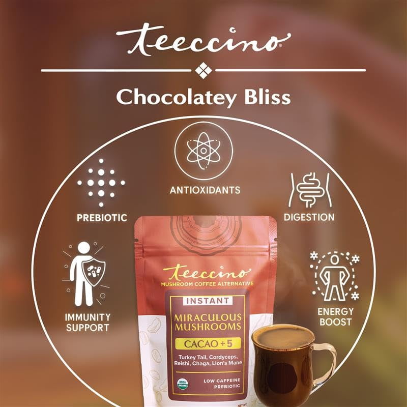 Miraculous Mushrooms Instant Cacao+5 Coffee Alternative by Teeccino – 15 servings - 5 Organic Adaptogenic Mushrooms with Cacao - Reishi, Lion’s Mane, Chaga, Turkey Tail, Cordyceps  - 4.7 ounces