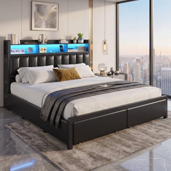 Afuhokles King Bed Frame with 10 Storage Drawers and RGB Headboard, Black