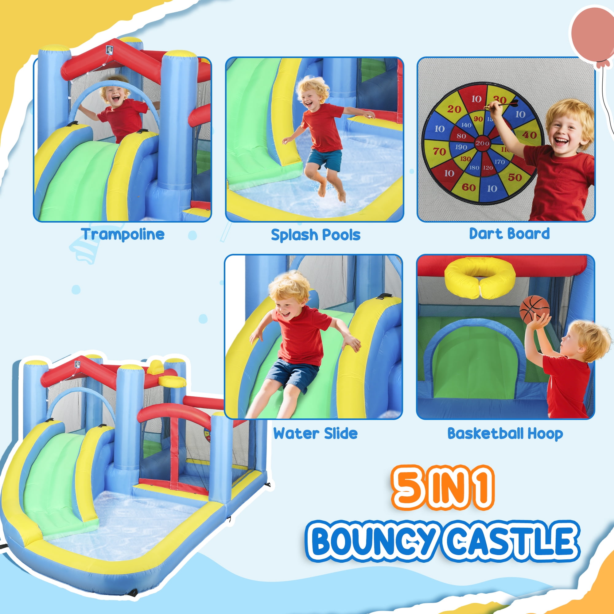 Qaba Inflatable Water Slide, Water Bounce House for Kids Outdoor Fun with Large Trampoline, Splash Pool, 550W Blower, Basketball Hoop, Dart Board