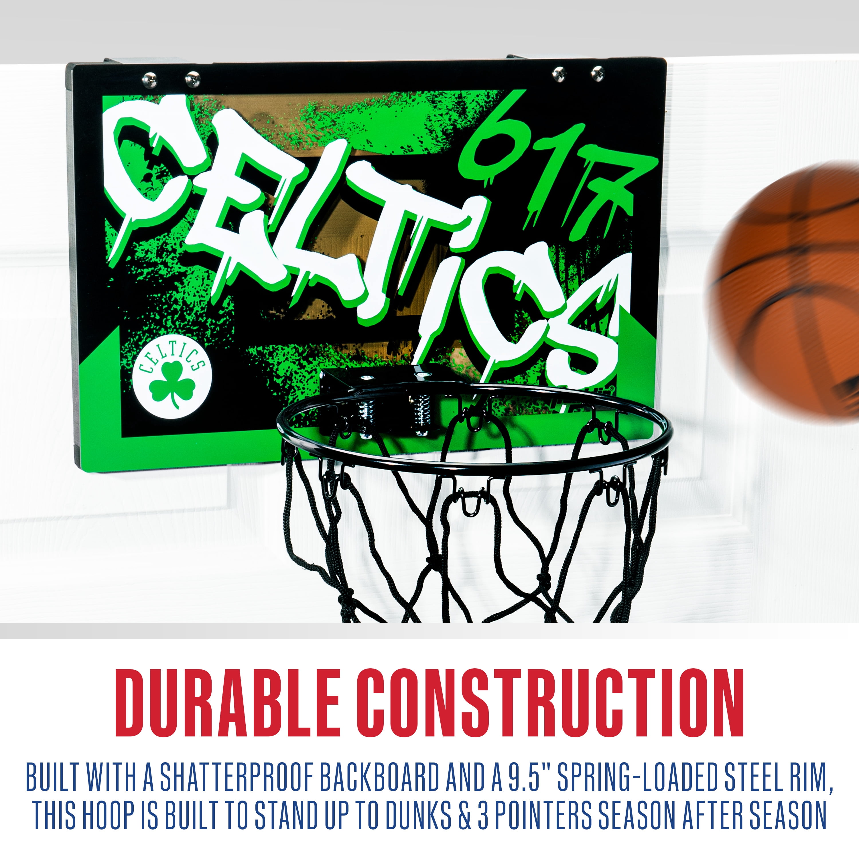 Franklin Sports NBA Boston Celtics Over the Door Basketball Hoop - Kids Indoor Basketball Hoop with Mini Basketball - NBA Fan Shop Mini Hoop for Bedroom + Office - Over the Door Mini Hoop Set