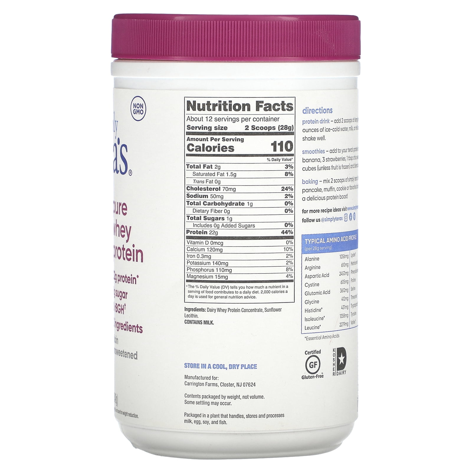 Tera's Whey rBGH Free Whey Protein Powder, Plain, 22g Protein, 0.75 Lb