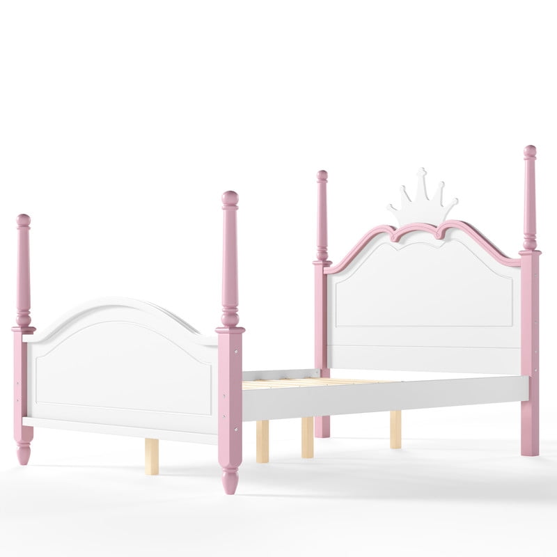 Full Size Kids Low Profile Platform Bed, Curved Footboard Four Poster Bed, Wooden Princess Bed Frame with Crown Shaped Headboard