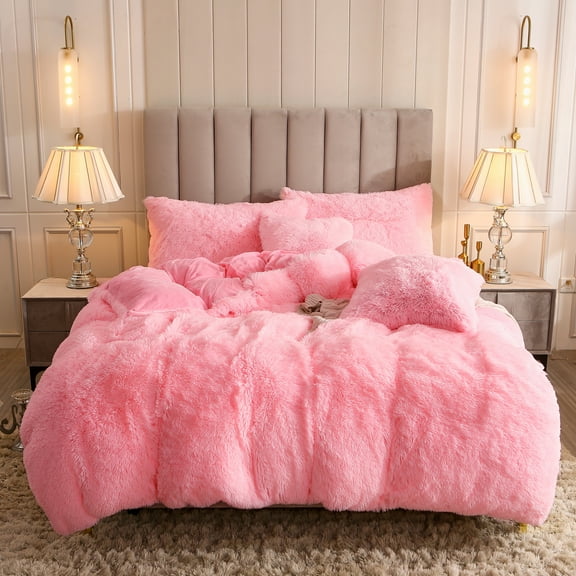 Uhamho Faux Fur Modern Pink Solid Print Luxury Polyester Duvet Cover Sets, Queen