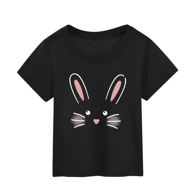 PMVFHDE T-Shirt Graphique à Manches Courtes Imprimé Lapin de Pâques pour Enfants, Col Rond, Décontracté, Printemps Été, Noir, 3-4 Ans