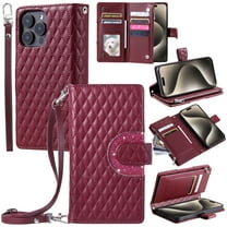 Dteck Zipper Wallet Crossbody Strap Case for iPhone 16 Pro,Magnetic Leather Card Slots Cash Pocket Case Shockproof Kickstand Cover with Shoulder & Wrist Strap for iPhone 16 Pro,Winered