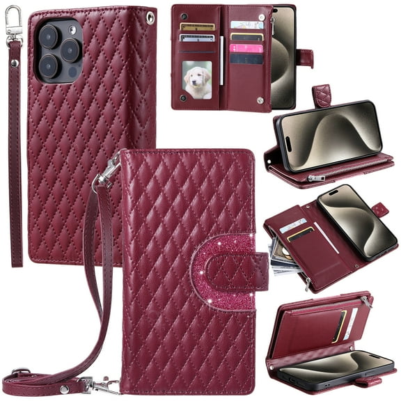 TECH CIRCLE Wallet Case For iPhone 15,PU Leather Zipper Flip Folio Bling Case Wristlet Shoulder Strap Magnetic Closure Stand Protective Case for Apple iPhone 15 6.1" 2023,Winered