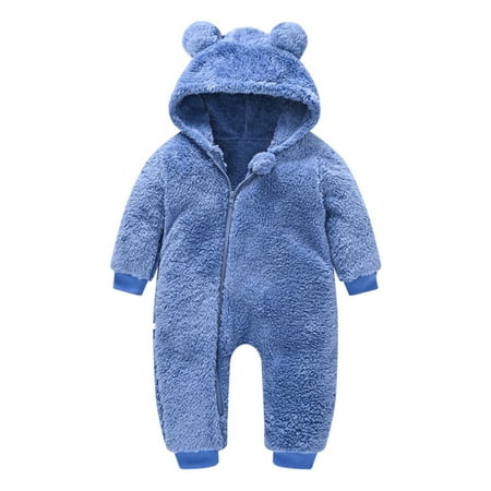 

Kid s Hooded Plush Jumpsuit with Cute Bear Ears Hood Zipper Onesie Pajamas Long Sleeve for Sleeping Daily Solid Color Winter Bodysuit Child s Home Suit Blue 100