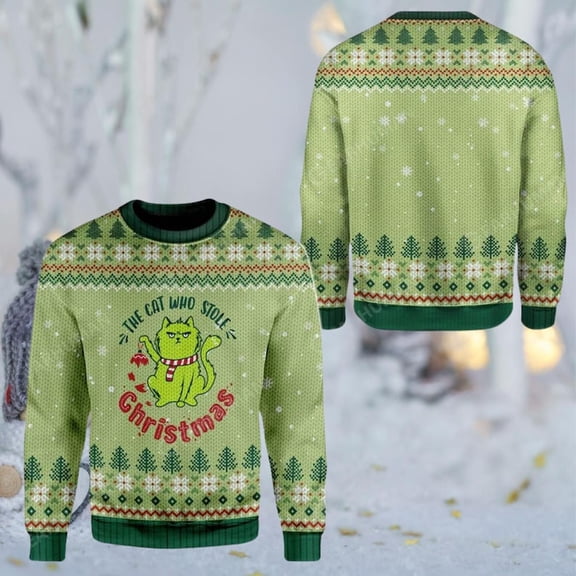 Funny Cat Who Stole Christmas 3D Sweater, Green Knit Look Unisex Crewneck, Cat Lover Holiday Pullover, Cute Xmas Jumper, Snow Tree Print