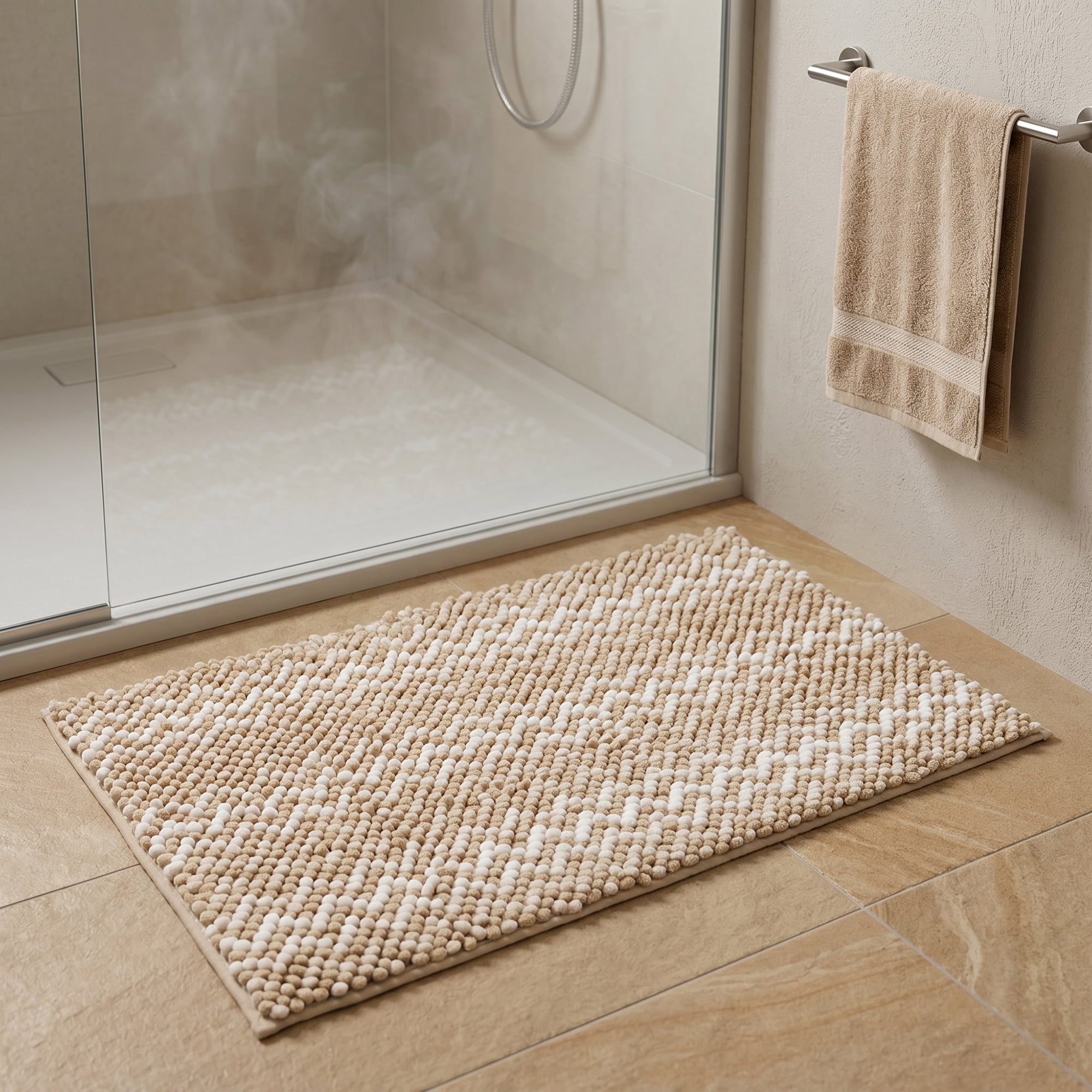 Unique Bargains Ultra Soft Non Slip Machine Washable Chenille Bath Mat Khaki 24" x 16"