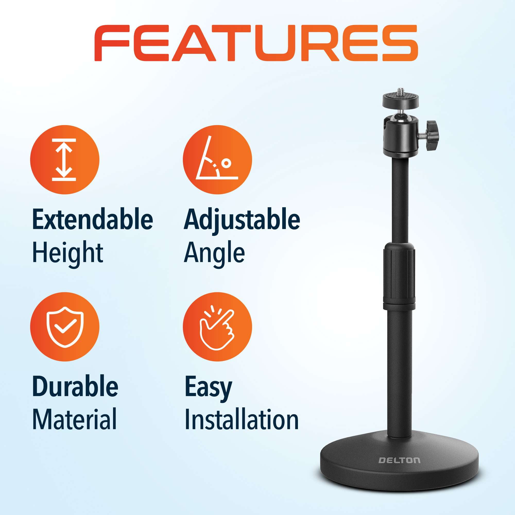 Delton T301 Webcam Stand, Camera Stand for Desk, Adjustable Height & 360Â° Swivel, Desktop Webcam Mount Tripod Holder for Live Streaming, Video Calling, Meetings, Recording, Black