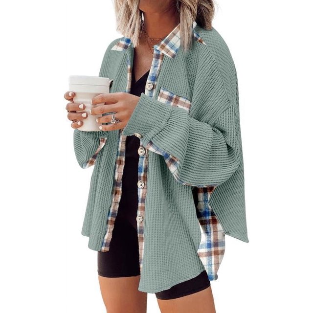 Womens Waffle Knit Plaid Shacket Boyfriend Button Down Shirt Jacket Loose Long Sleeve Tops