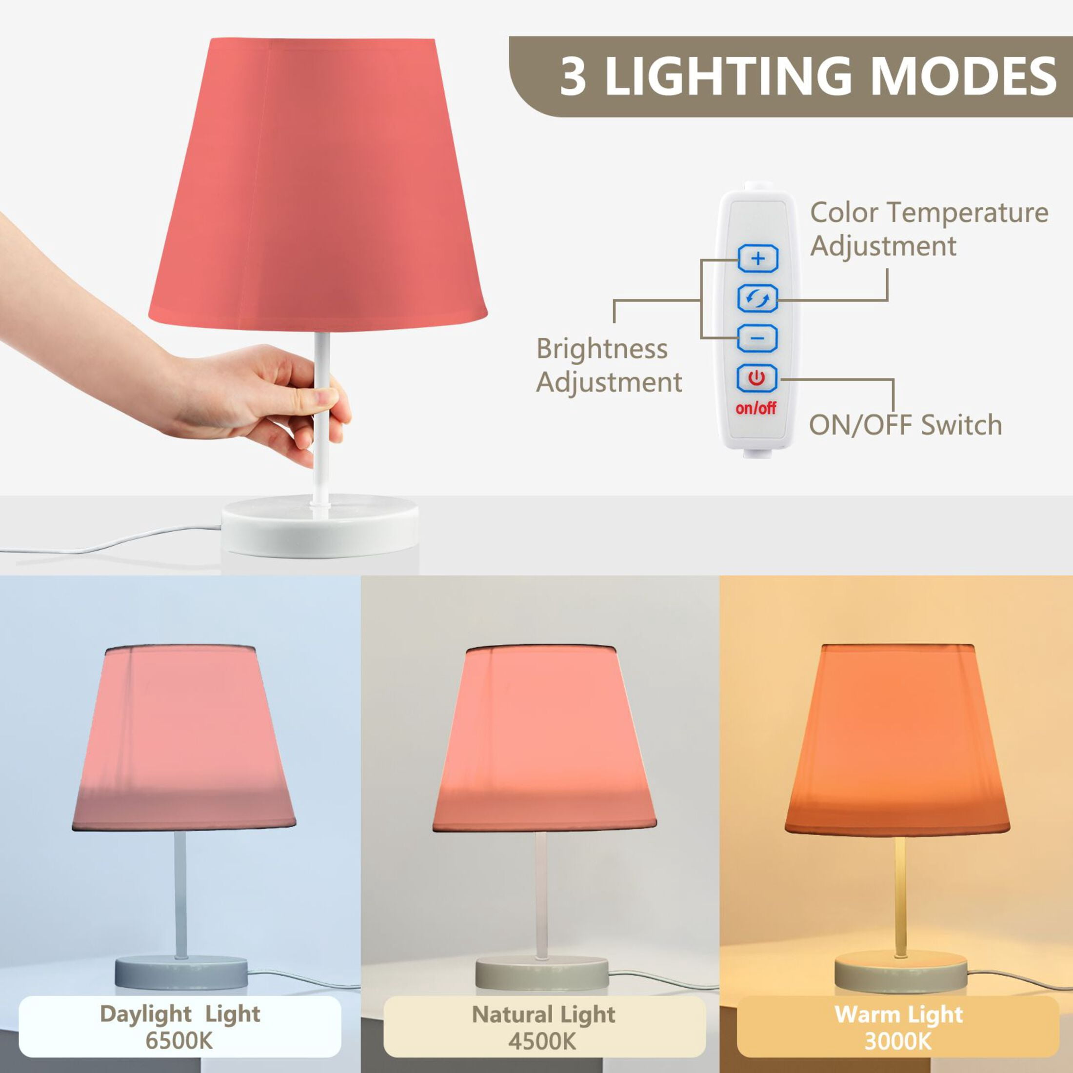 LED Desk Lamp Pastel Red Table Nightstand Lamps with 3 Color Temperatures for Home Bedroom Living Room Decor 8x12