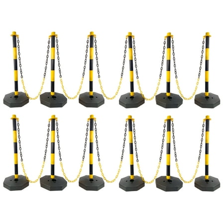 12 Pack Traffic Delineator Post Cones with Fillable Base, Adjustable Plastic Safety Barrier with 5Ft Plastic Chain, Outdoor and Indoor Crowd Control Stanchion for Traffic Control and warning Y/B