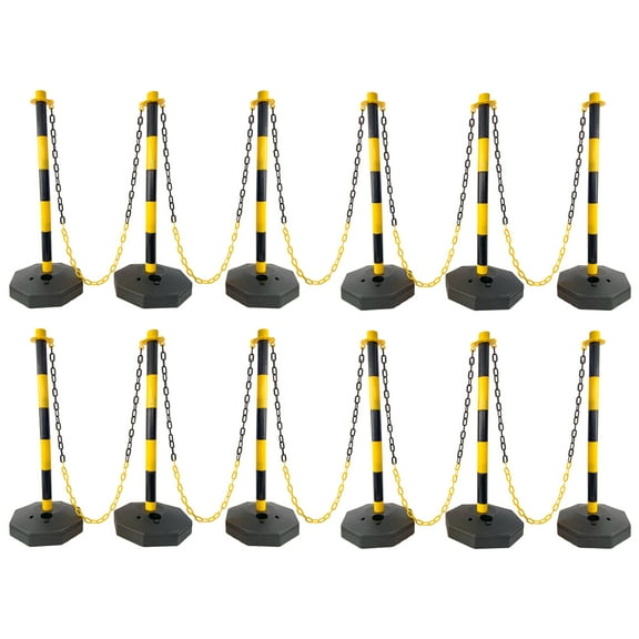 12 Pack Traffic Delineator Post Cones with Fillable Base, Adjustable Plastic Safety Barrier with 5Ft Plastic Chain, Outdoor and Indoor Crowd Control Stanchion for Traffic Control and warning Y/B