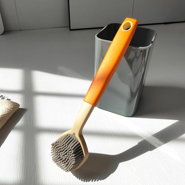 Long Handle Cleaning Brush | Multipurpose Kitchen Scrub Brush for Pots Pans Sink Stove | Soft Bristles | Plastic Material | Stain Remover | 27x6x5cm | 1 Piece | Red Orange Blue