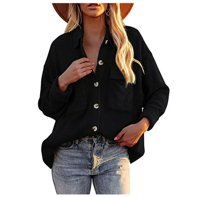 Womens Color Pocket Corduroy Jacket Long Sleeve Button Down Shirt Collared Jacket