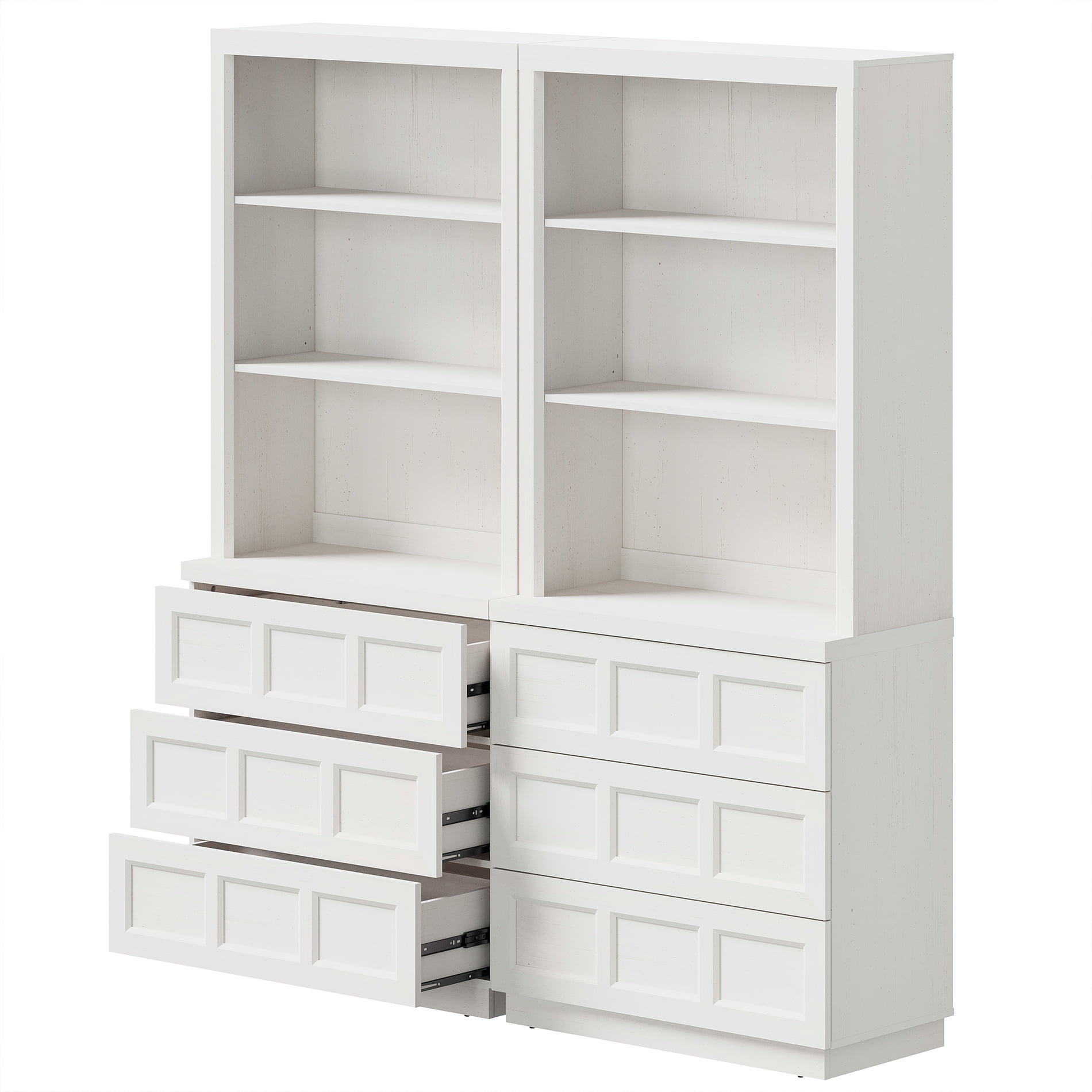 HOMOOI 2-in-1 Integrated Bookcase,Boho Rustic Wood Grain Freestanding Book Shelf with Open Display Shelves & 6 Rebound Handle-Free Drawers, Anti-Wobble Bookcase for Living Room,Home Office,White