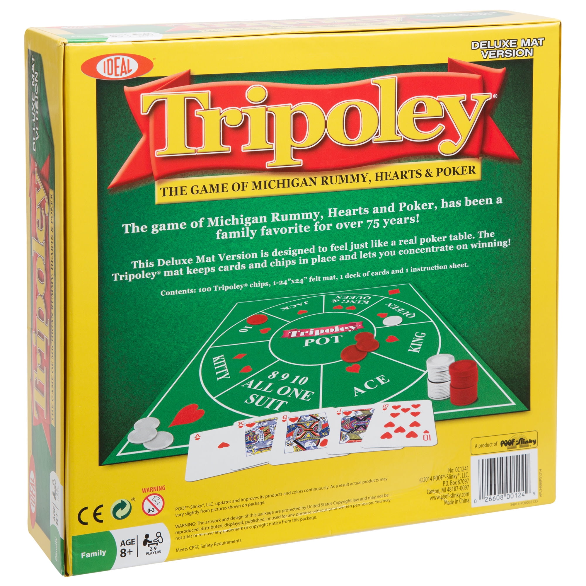 Alex: Ideal: Tripoley Deluxe - The Game Of Michigan Rummy, Hearts & Poker - Deluxe Felt Mat, Family Card & Token Game, Adults Kids Age 8+, 2-9 Players