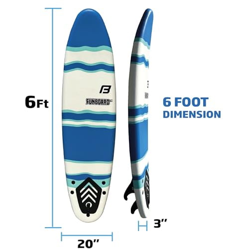 6’ FUNBOARD Surfboard Softboard Foam - Include (3) Fins 6’ Foot Leash and (2) Wood Stringers - Kids and Adults Beginner Intermediate