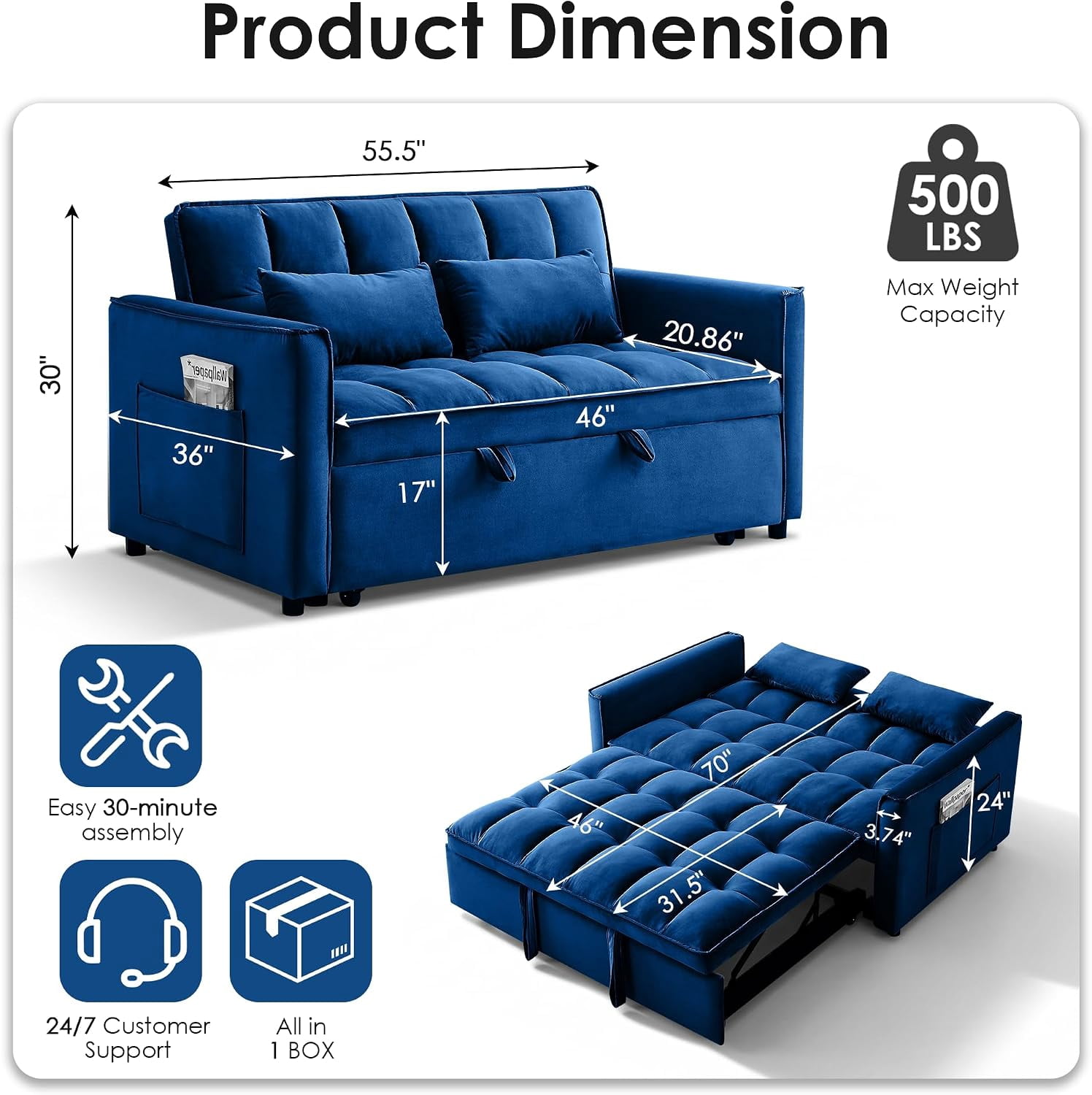55" 3-in-1 Convertible Loveseat Sleeper Sofa, Velvet, with Pull-Out Bed, Reclining Backrest and Side Pockets, Blue