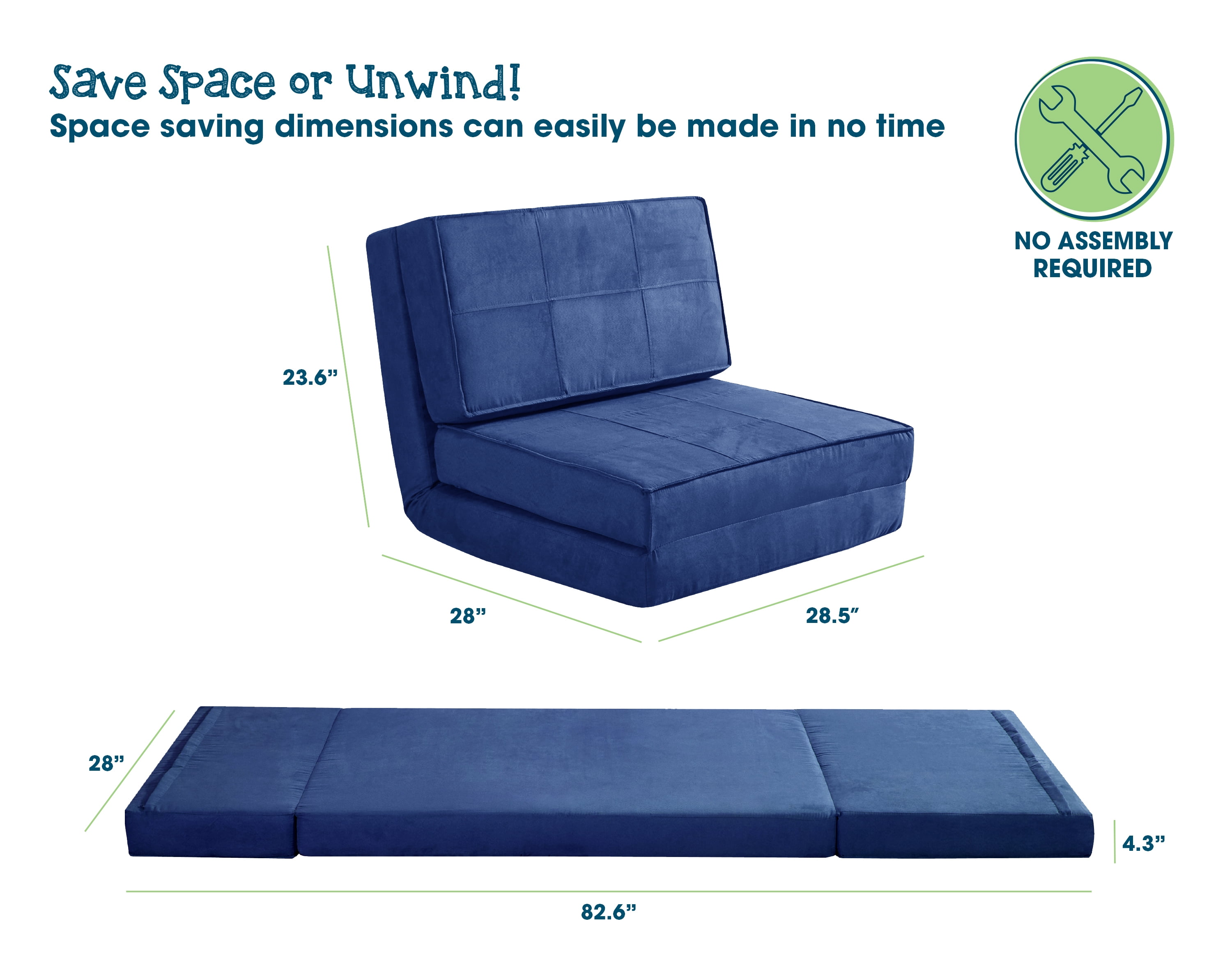 Your Zone Ultra Soft Suede 3 Position Convertible Flip Lounge Chair Blue