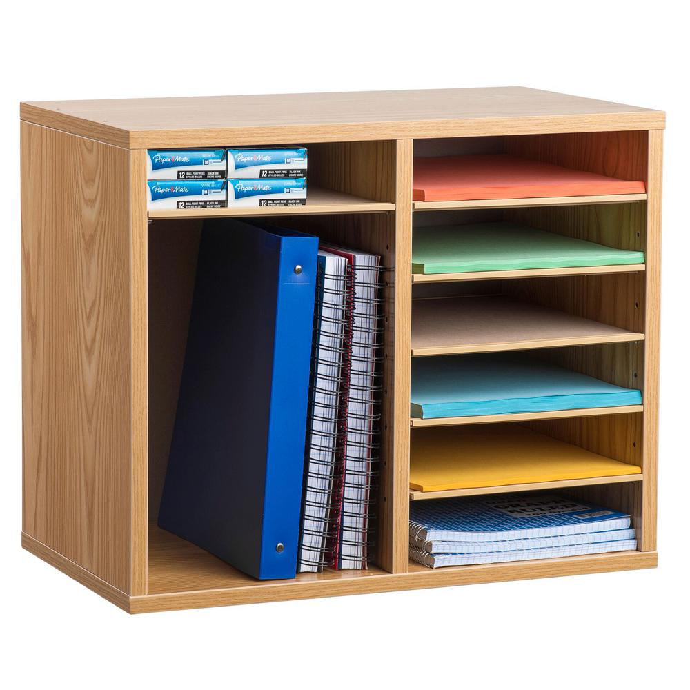 AdirOffice 11-Compartment Wood Vertical Paper Sorter Medium Oak Literature File Organizer 