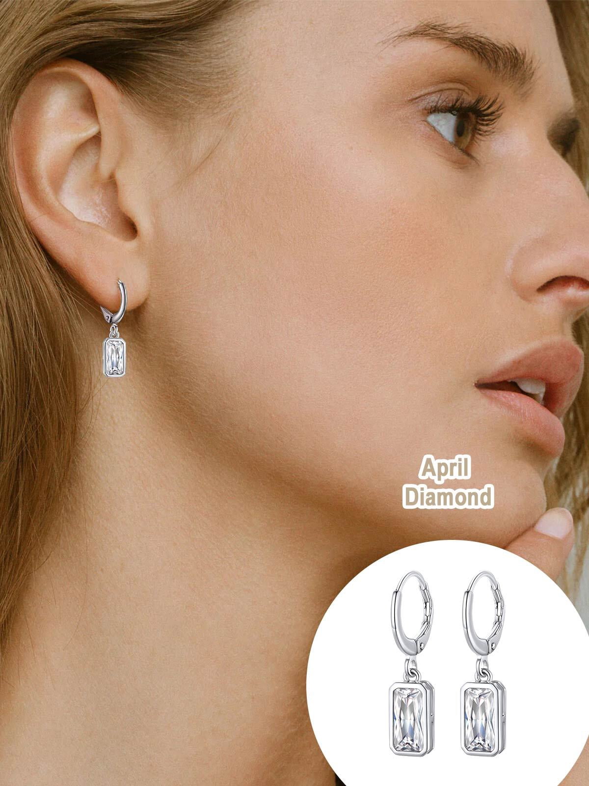 FOCALOOK Birthstone Dangle Hoop Earrings for Women Sterling Silver Square Cubic Zirconia April Created Diamond Leverback Huggie Drop Earrings Birthday Valentines Day Jewelry Gift