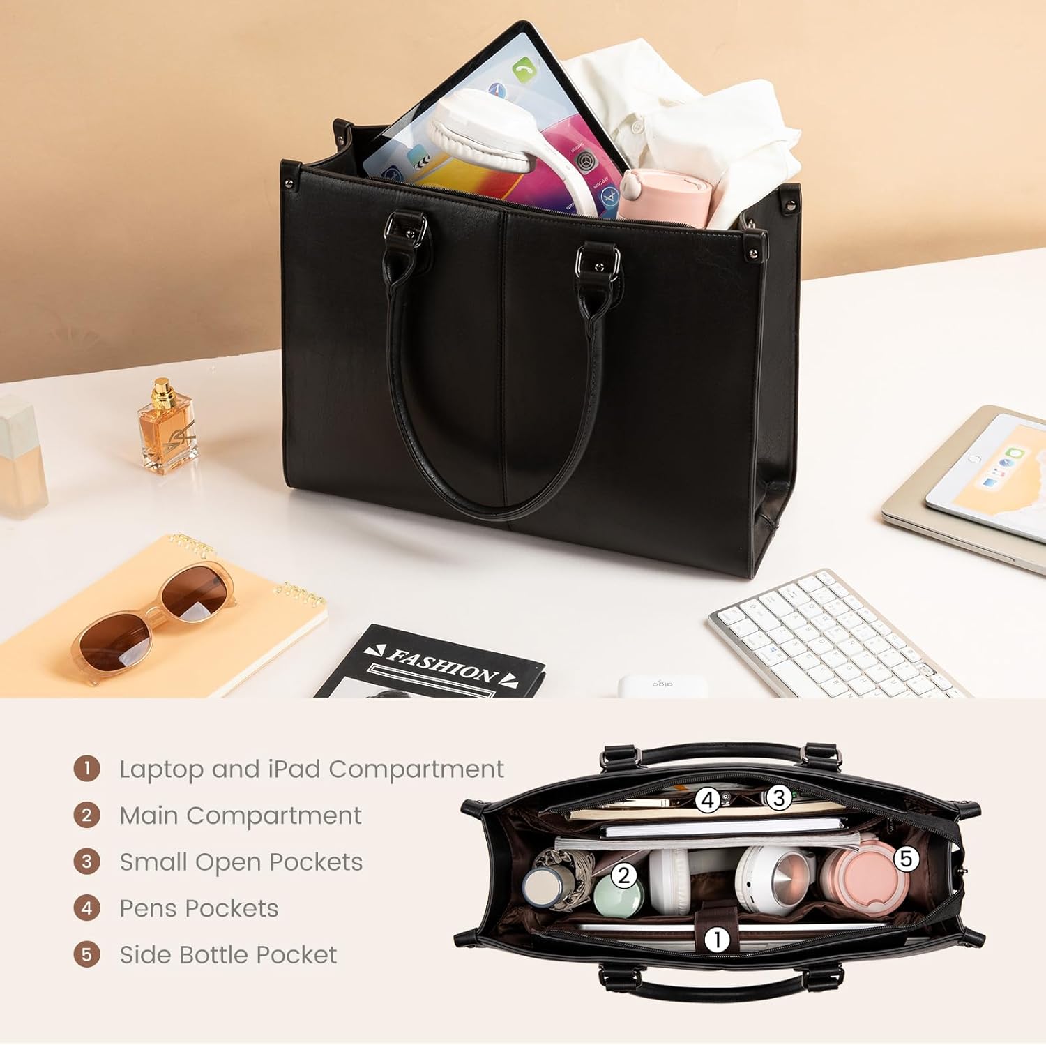 LOVEVOOK Laptop Tote Bag for Women, 15.6 Inch Large Capacity Vintage Leather Work Computer Bag, Business Casual Shoulder Handbag, Dark Brown
