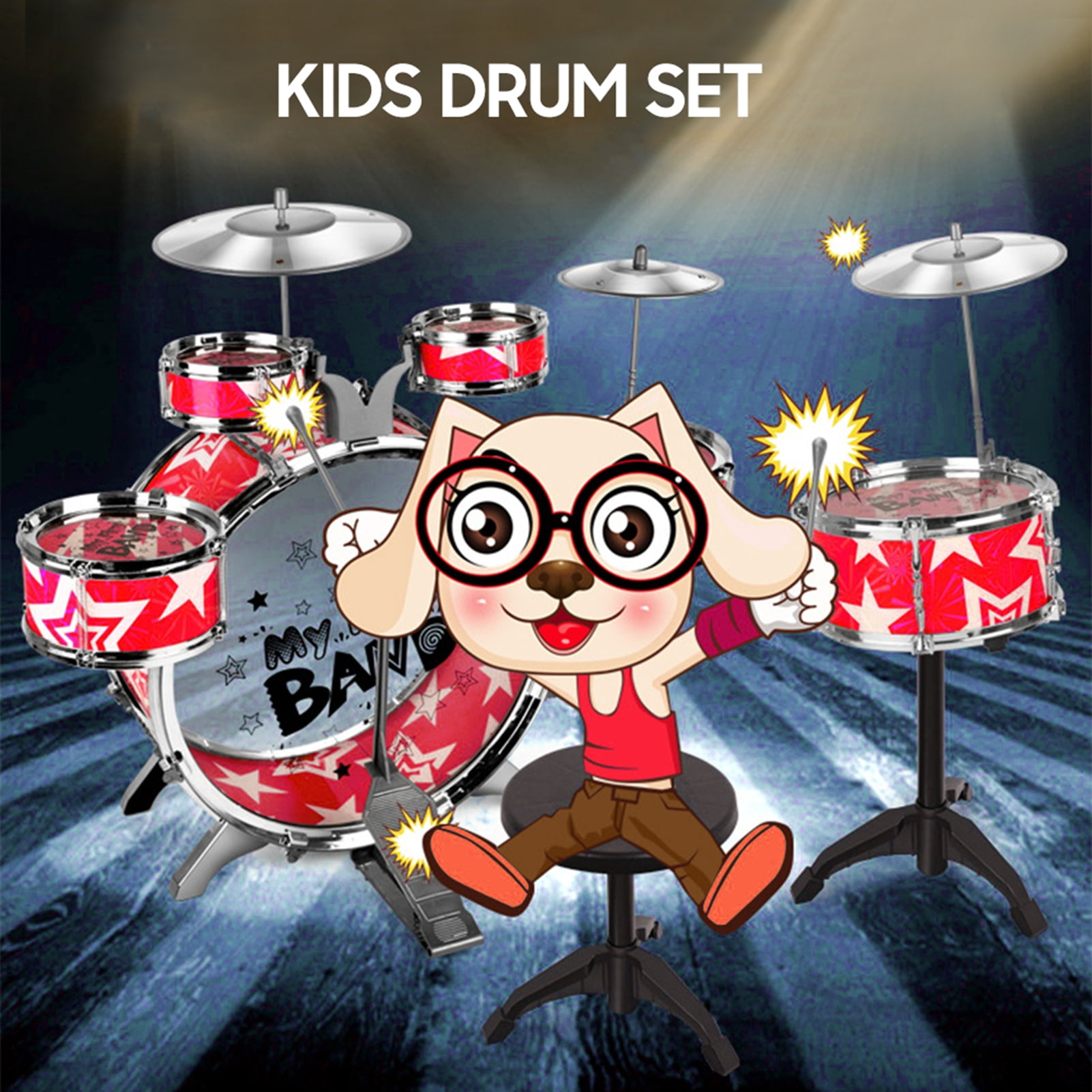Drum Kit Kids Drum Set 6 Piece Jazz Drum Kit with Cymbal Pedal Drumsticks Folding Step Stool Percussion Musical Instrument for Children Beginners Plastic Metal