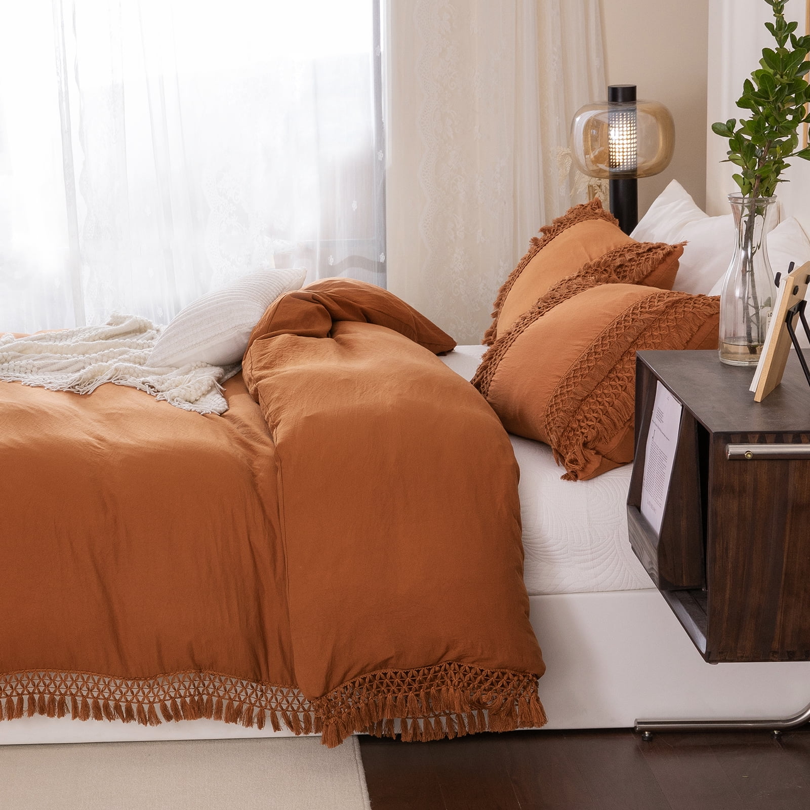 Move Over Burnt Orange Bedding Sets King Washed Microfiber Macrame Tassel Pattern Boho Duvet Cover Set No Filling