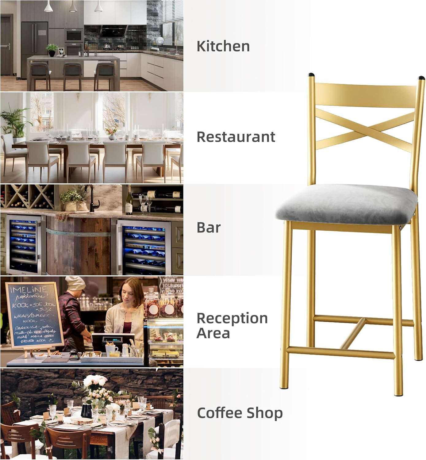 Twister.CK Bar Stools Set of 4, Faux Leather Upholstered Bar Chair with Back & Footrest & Thick Cushion, Counter Height Bar Stools for Kitchen Island Apartment, Golden