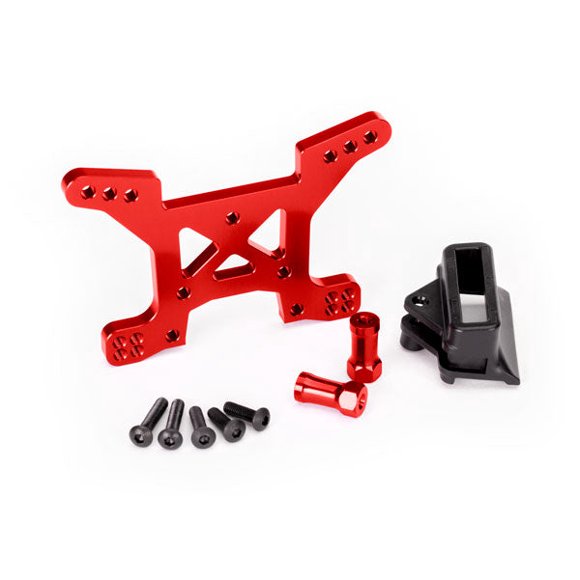 6739R Shock tower, front, 7075-T6 aluminum (red-anodized) (1)/ body mount bracket (1)