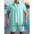 thumbnail image 5 of Men'S Waffle Knit 2-Piece Outfit with Button Down Shirt and Shorts for Summer Emerald XL, 5 of 6