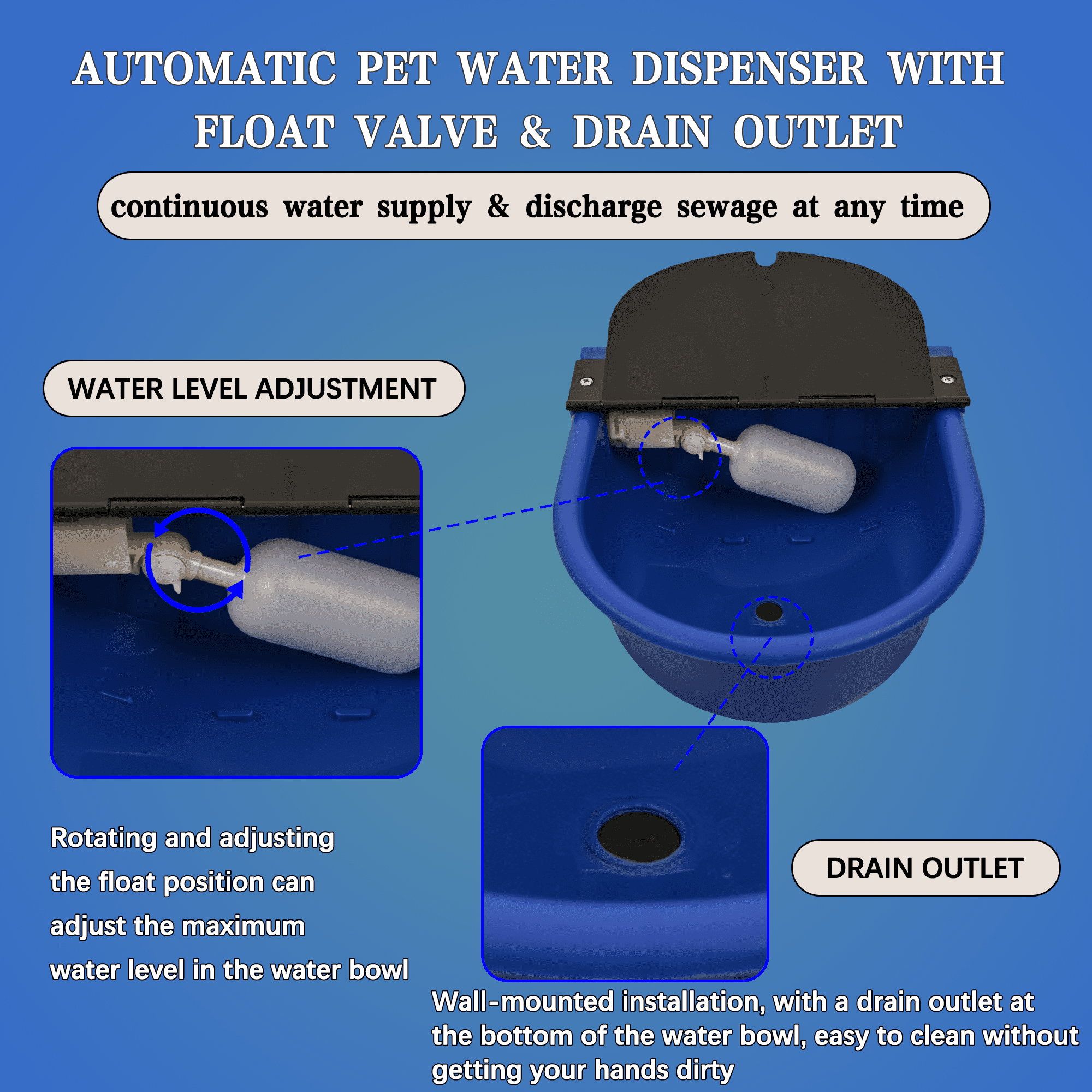 Automatic Water Dispenser for Dogs, Automatic Chicken Waterer with Drain Valve, 1 Gallon Outdoor Auto Livestock Water Bowl with Float Valve, Hose Quick Connector for Horse, Duck, Dig (Blue)