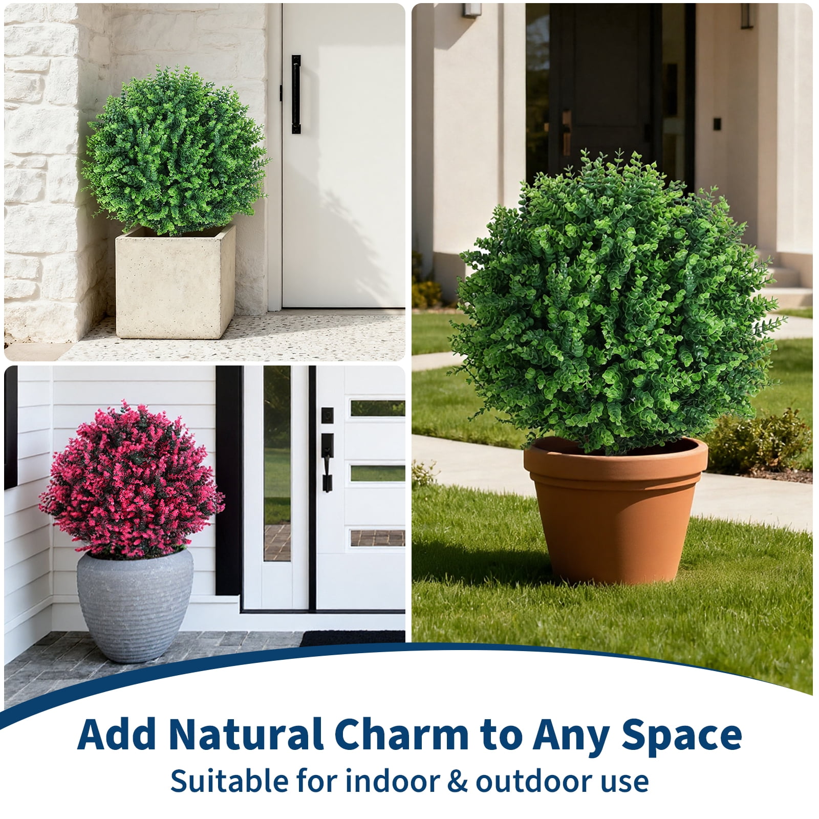 24" Artificial Topiary Ball Trees, Outdoor Artificial Shrubs Faux Bushes UV Resistance Greenery Fake Plants Tree with Ground Spike for Garden Porch Patio Indoor Decoration (2 Pack)