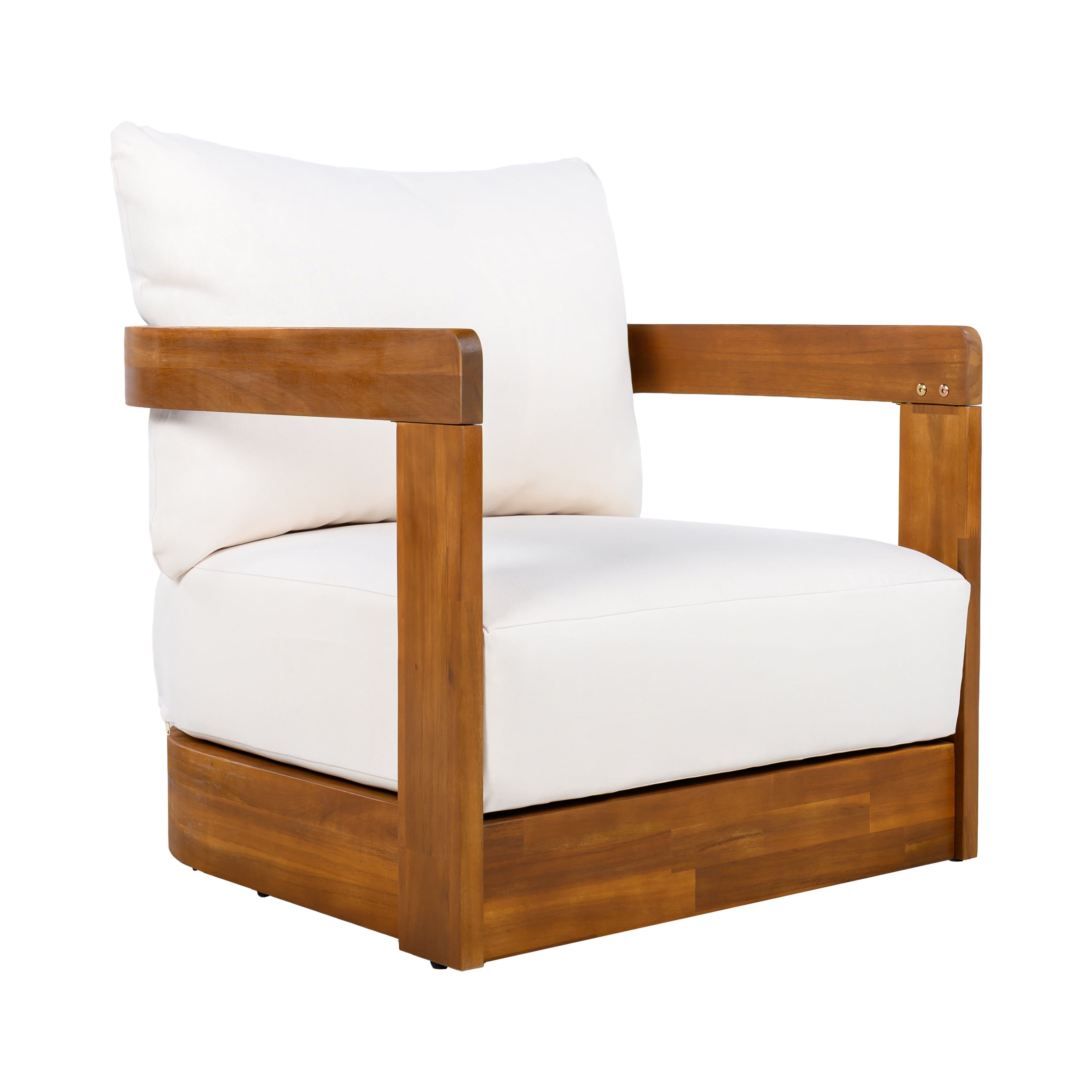 Tub Style Club Chair, Acacia Wood Outdoor Chair with Water-Resistant Cushions for Patio, Teak and Beige