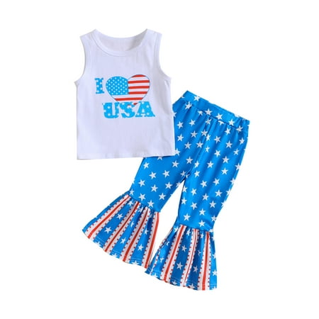 

Baby Girl Fourth of July Outfits Sleeveless Heart Letter Print Tank Tops + Bell Bottoms Set