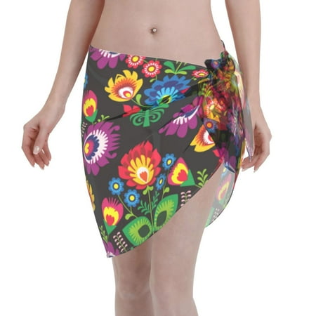 Adobk Women Beach Sarong Bathing Suit Traditional Floral Polish Print Wrap Skirt Sheer Bikini Swimsuit Cover Ups For Swimwear
