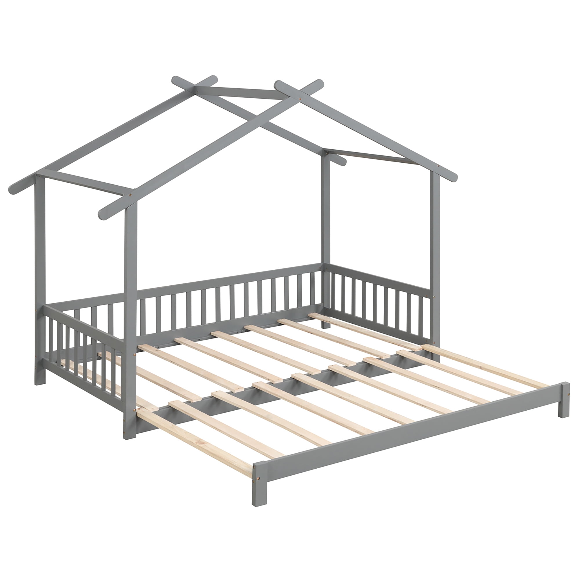 Gymax Wooden House Bed Twin to King Daybed w/ Safety Rails & Decorable Roof Gray