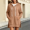 thumbnail image 3 of SYwaren Longline Sweatshirt for Women Hoodie Button Drawstring Pullover Side Slit Pockets Solid Color Tops, 3 of 9