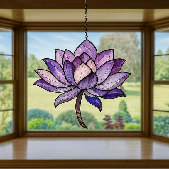 Purple Lotus Acrylic Suncatcher, Lotus Flower Stained Glass Hanging, Boho Zen Ornament, Spiritual Window Decor, Floral Christmas Sun Catcher
