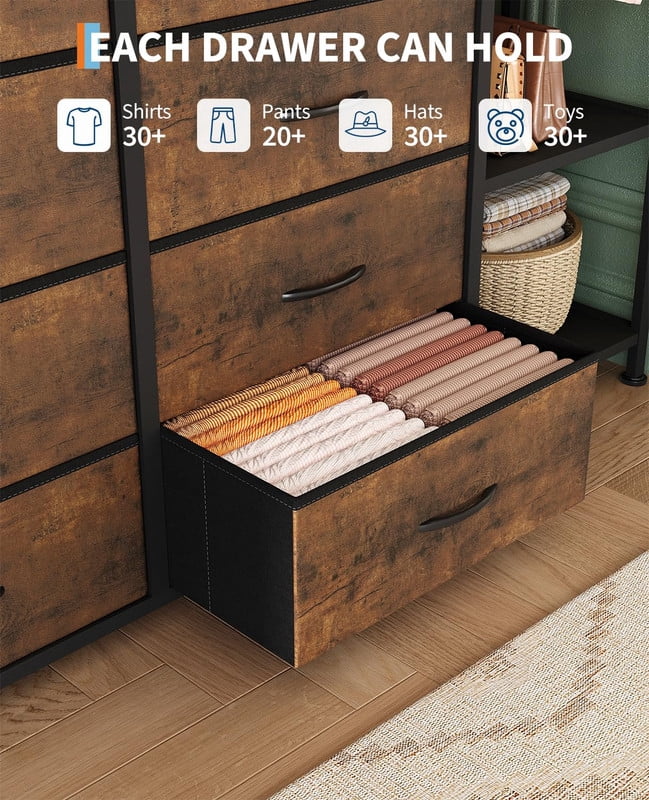 TROPOW Tall Dresser for Bedroom with 16 Drawers & Clothes Rack & 2 Storage Shelves, Fabric Dressers & Chests of Drawers, Large Closet Dresser for Storage and Organization