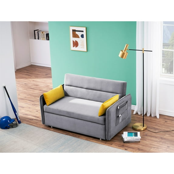 54" Modern Convertible Velvet Sofa, Sofa Pull Out Bed, Included Two Pillows, Loveseat Sleeper Sofa Couch for Living Room Small Spaces, Lounge Chaise Oversized Armchair with Adjustable Backrest, Gray