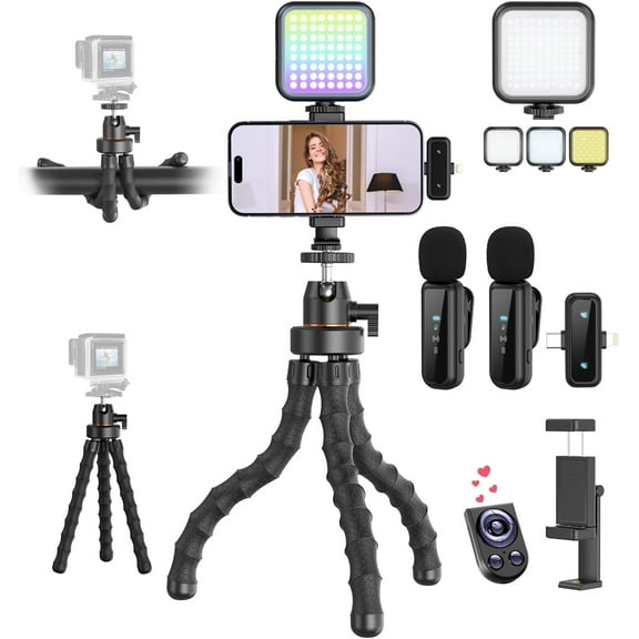 Vlogging Kit for iPhone/Android, Flexible Tripod with RGB Fill Light, Wireless Remote & Microphone, YouTube Starter Kit, Adjustable Content Creator kit for Tiktok/Vlog/Video Recording