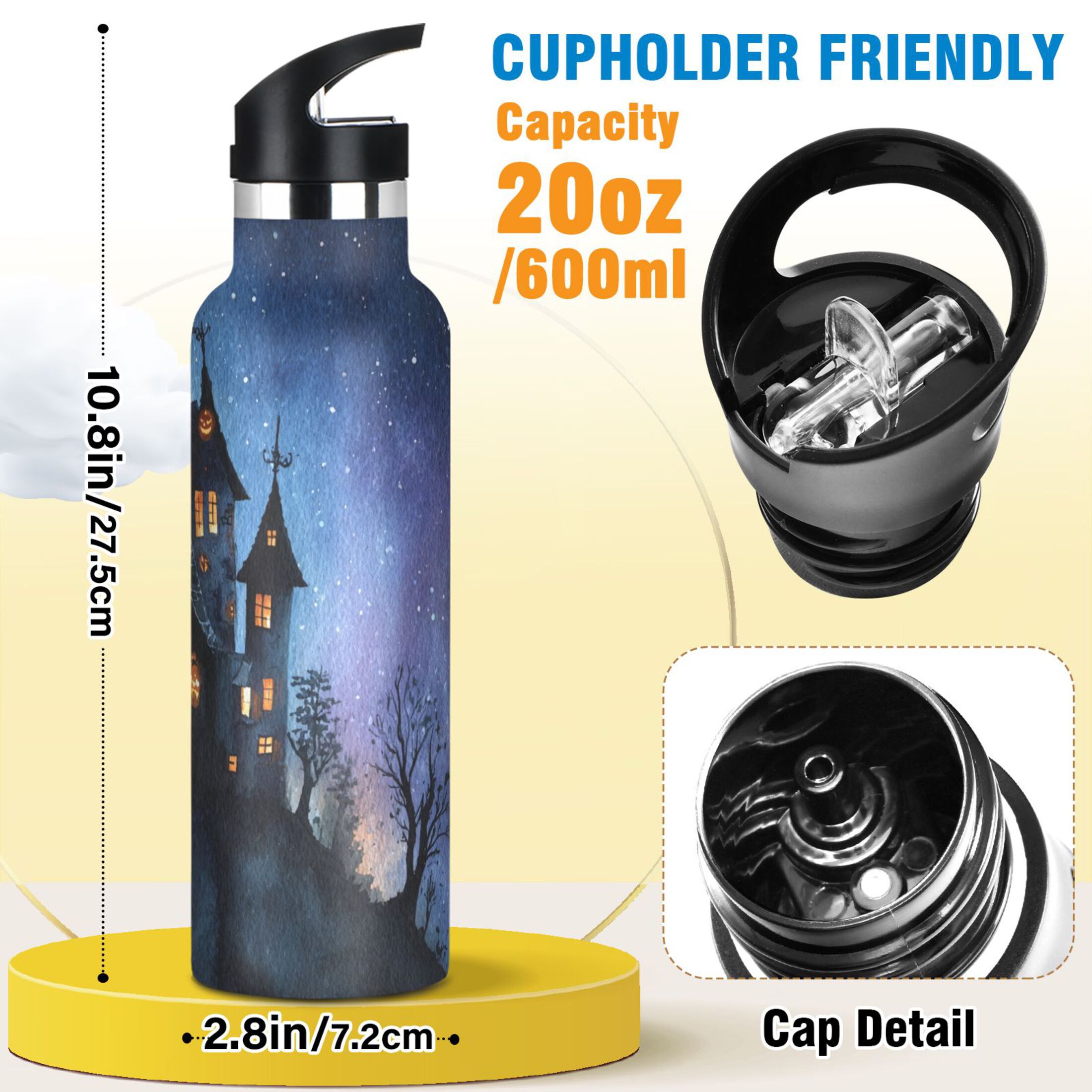 600ML Stainless Steel Insulated Cup Sports Water Bottle Portable Thermos Cup Water Glasses Insulated Tumblers Convenient and Durable Cartoon Halloween Castle