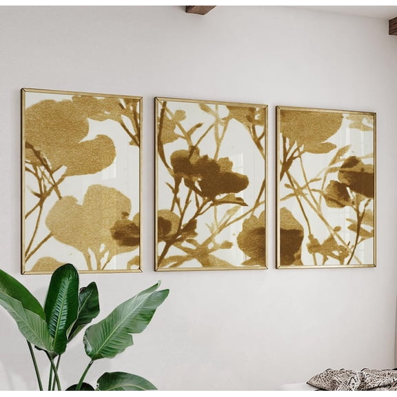 Gold Botanical Floral Abstract Nature Line Wall Art Set 3 Unframed Paper Print 8x12