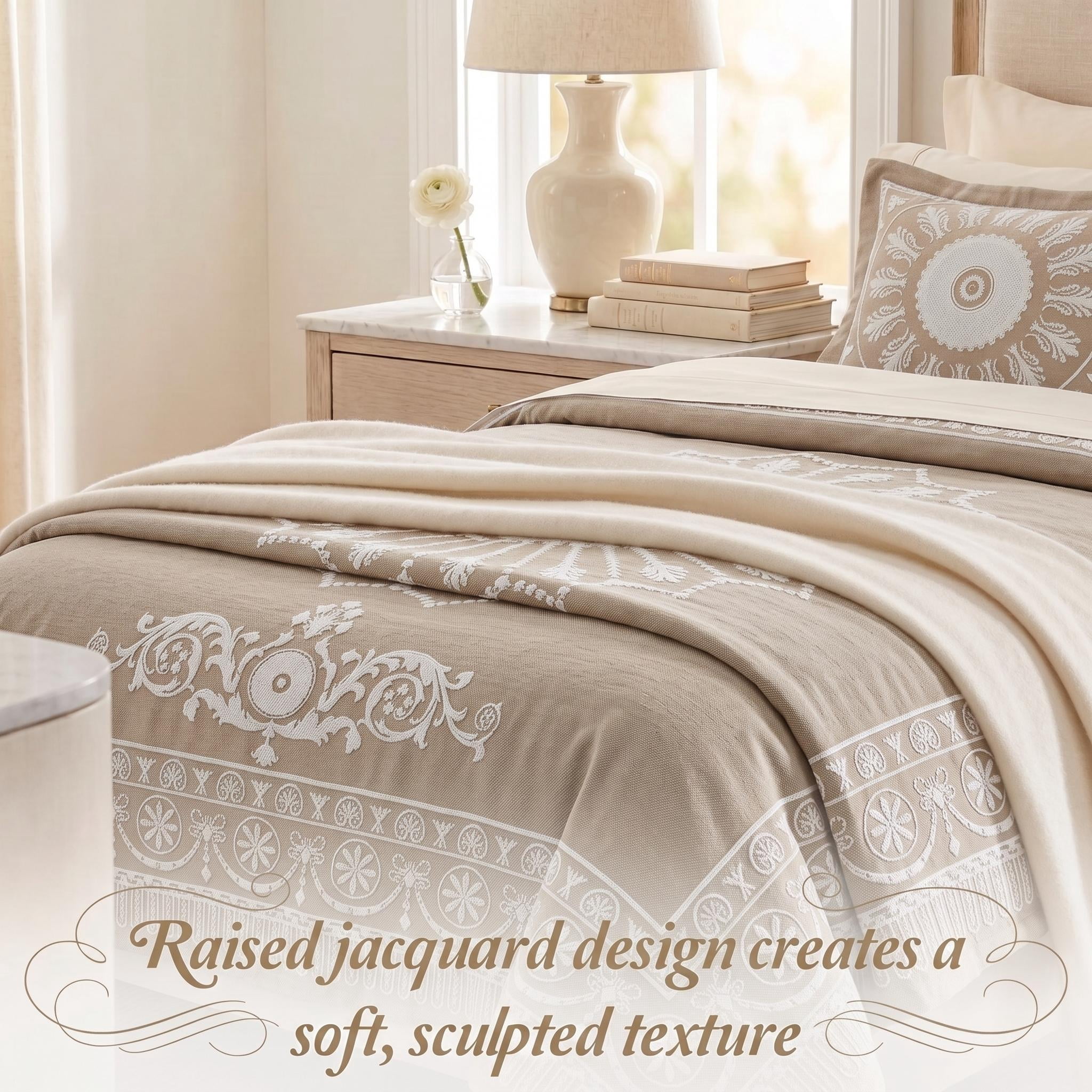 Superior Cotton Blend Woven Jacquard Vintage Medallion Bedspread Set 3-Pieces, Twin, Taupe