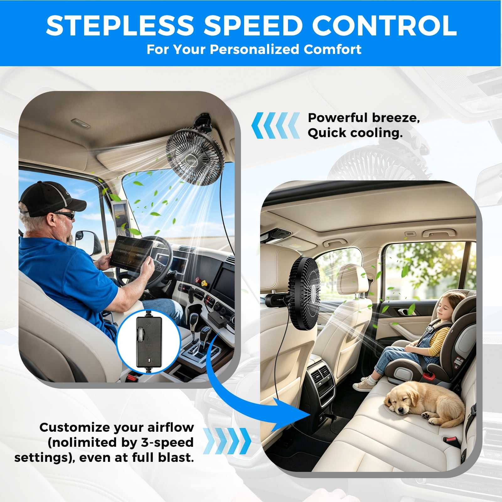 9" Portable Car Fan, Lafati 12V Electric Vehicle Fan with Stepless Speed Control and  Cigarette Lighter Plug, 3-in-1 Back seat & Clip, 360° Rotation Quiet Cooling for Car SUV RV Vehicles