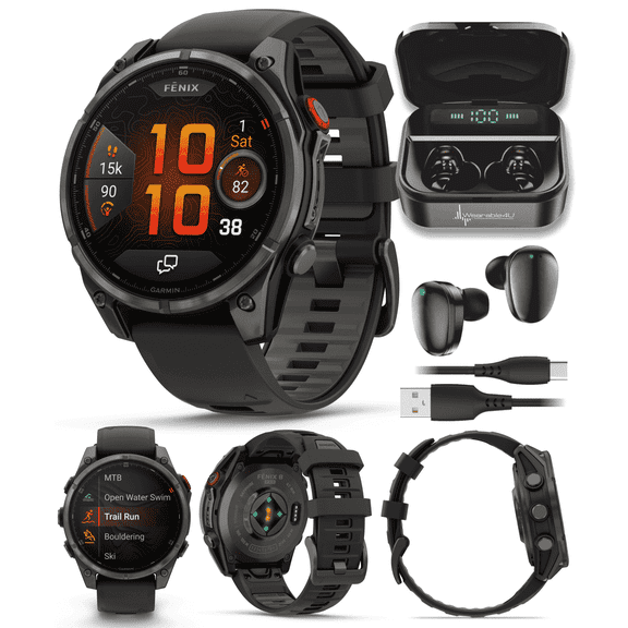 Garmin Fenix 8 Pro 47mm AMOLED Sapphire Premium Connected Multisport GPS Smartwatch, inReach, Carbon Gray DLC Titanium & Black/Pebble Gray Silicone Band w/ Wearable4U Black Earbuds Bundle